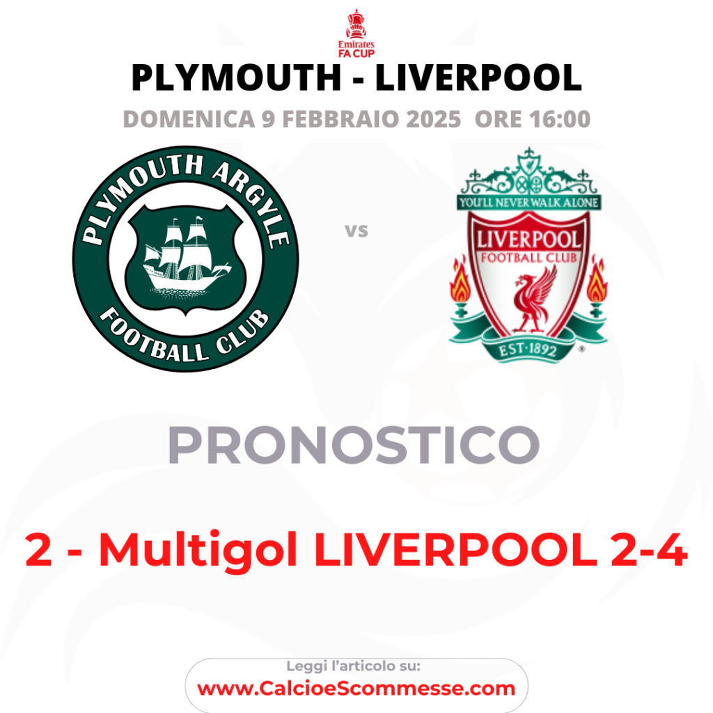 Pronostici FA CUP PLYMOUTH - LIVERPOOL del 9 febbraio 2025